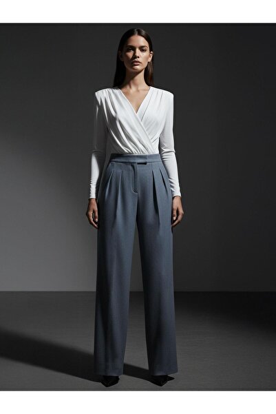 RİVUS High Waisted Ribbed Stitched Wide Leg Maxi Length Pleated Trousers - Gray