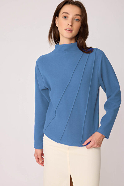 Vitrin Stand Collar Front Stitched Back Zipper Blouse