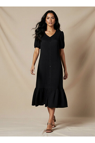 FAV فستان قميص متوسط ​​الطول بنقشة مميزة وأكمام منفوخة