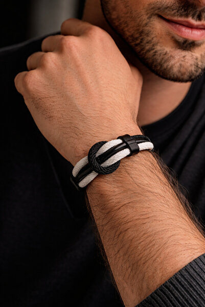 HER ŞEY NOTA www.herseynota.com Black and White Genuine Leather Braided Men's...