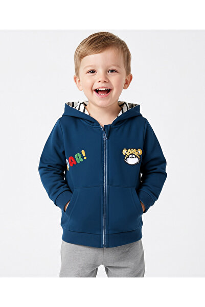 Bonfino Zip-Up Hoodie with Roar Embroidery & Tiger Patch - Navy Blue