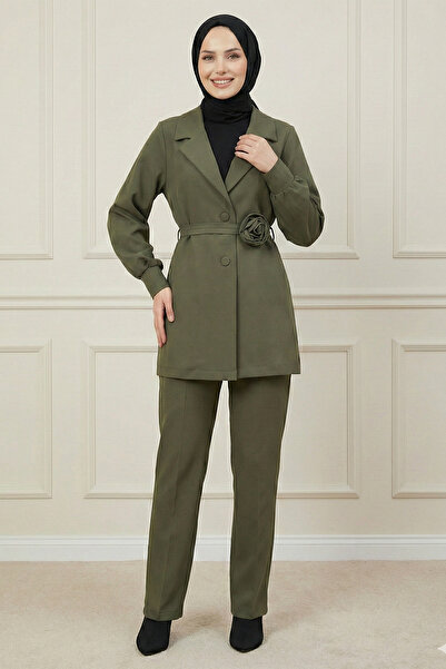 Kirazgym Costum din două piese pentru femei, cu centură, cu detalii trandafir...