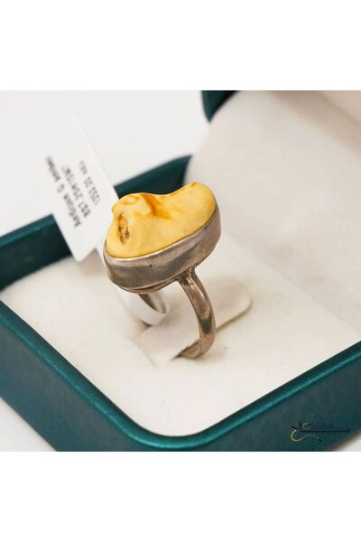 Generic خاتم كهرماني طبيعي عتيق مصنوع يدويًا – إطار فضي عتيق