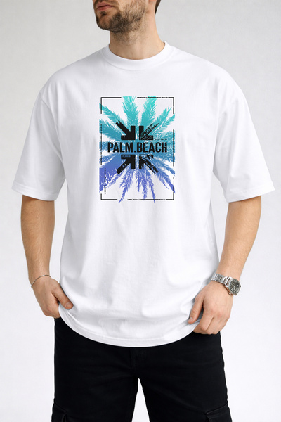 caddekombin Tricou alb pentru bărbați, turcoaz și albastru, cu frunze de palm...