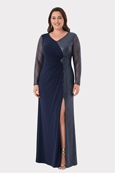 LİLAS XXL Women's Plus Size V-Neck Stone Detailed Long Evening Dress 2559 Nav...