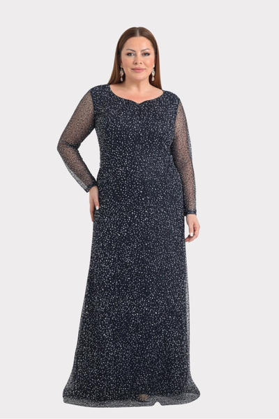 LİLAS XXL Women's Plus Size Sweetheart Neck Long Sleeve Evening Dress 9471 Black