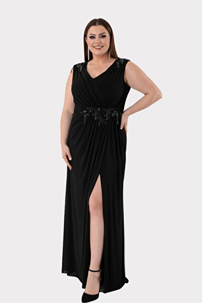 LİLAS XXL Women's Plus Size Shoulder and Waist Stone Detailed Wide Strap Long...