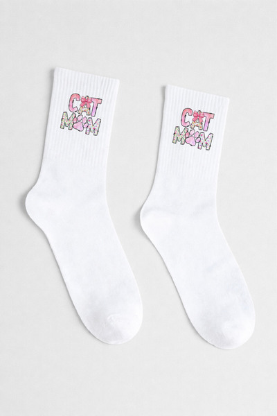 AYDESİGN Cat Mom White Cotton Tennis College Socks