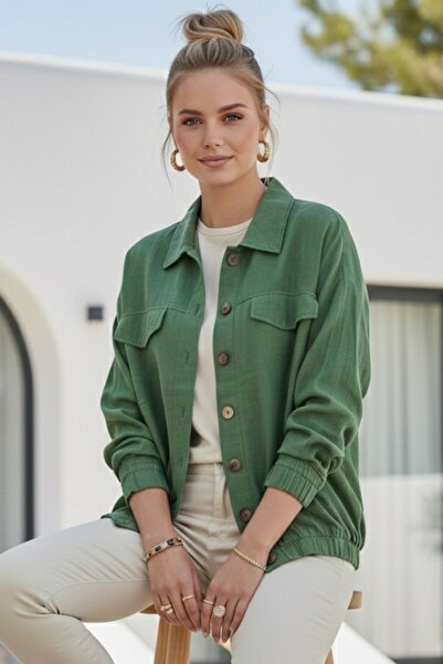 Chiccy Green Shirt Collar Cuffed Sleeves Double Flap Pockets Casual Linen-Loo...
