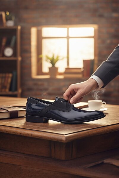 enoch Genuine Leather Navy Blue Patent Leather Detailed Lace-Up Classic Men's...