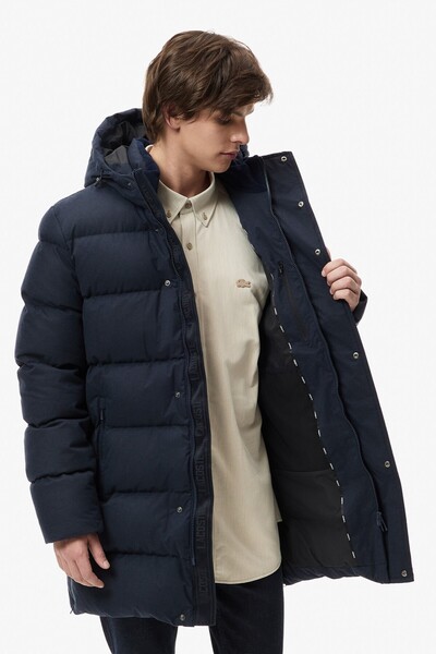 Lacoste جاكيت رجالي محشو بالريش مع قلنسوة ثابتة، جاكيت رجالي من ريش الإوز بال...