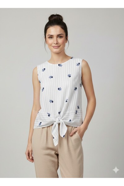 ON TRİKO Embroidered Blouse with Tie Front 72335