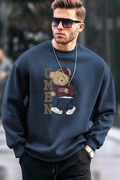 COMBİNE MİCHAİL سويت شيرت رجالي مطبوع قصة فضفاضة باللون الأزرق الداكن