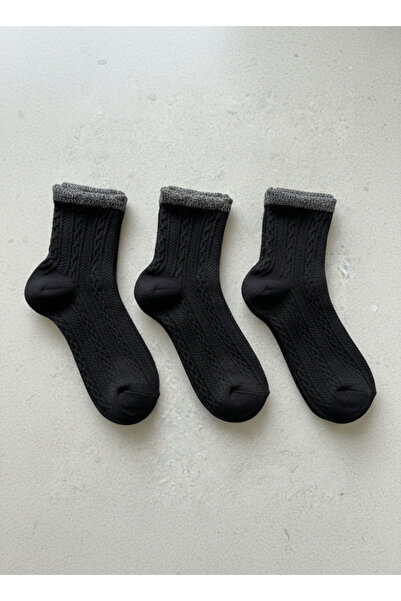 DRAV جوارب نسائية من 3 قطع باللون الأسود، بنمط محبوك مطاطي لامع - (بدون خياطة)