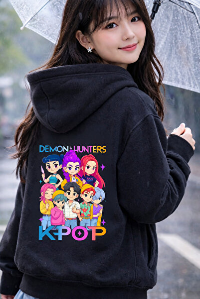MECH BUTİK K-Pop Demon Huntrix Μαύρο Νέο Φούτερ με Κουκούλα και Στάμπα