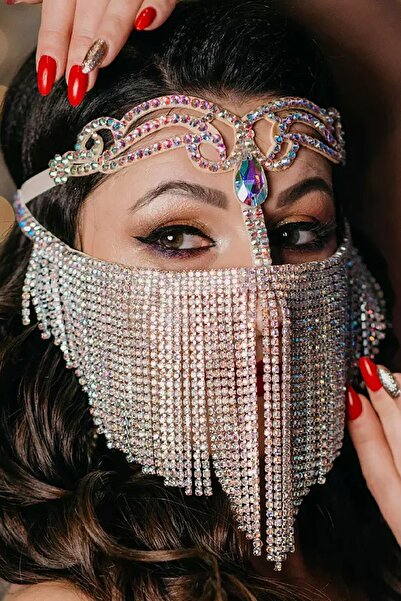 TAKIŞTIR Gümüş Renk Hologram Taş Detaylı Dansöz Maskesi