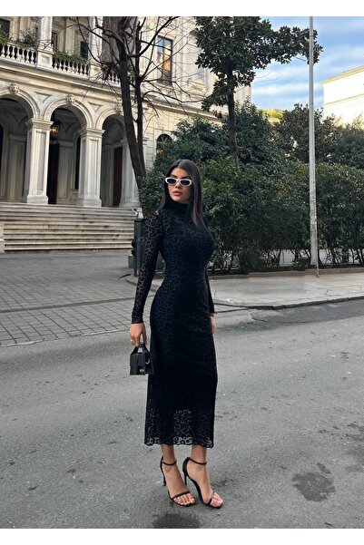 cemo Flok Çiçek Desenli Dik Yaka Sandy Maxi Elbise