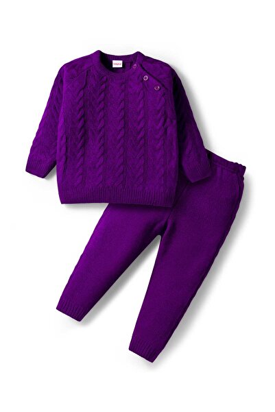 Babyhug طقم كنزة وبنطال محبوك بأكمام راجلان كاملة بتصميم حياكة كابل - بنفسجي