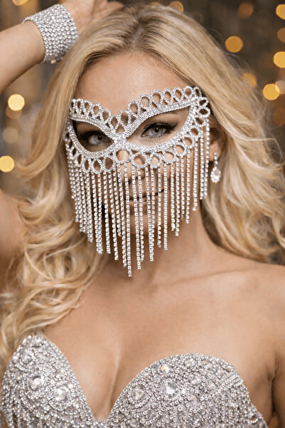 TAKIŞTIR Gümüş Renk Taşlı Dansöz Maskesi