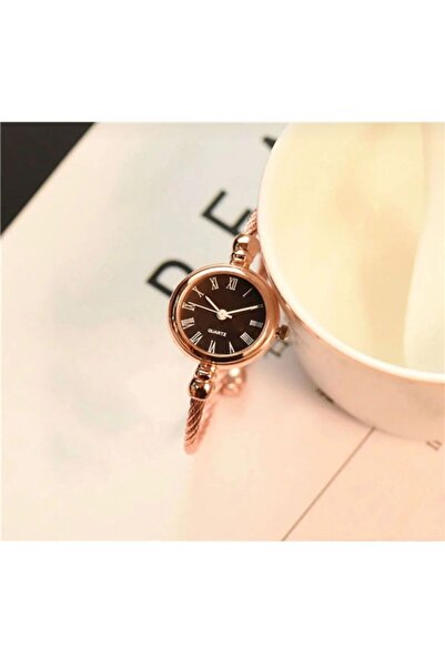 zerzembe Rose-siyah Ince Bileklik Yuvarlak Vintage&retro KADIN SAATİ