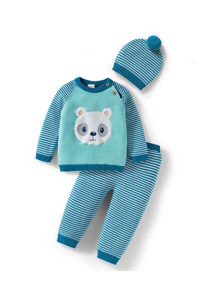 Babyhug طقم سترة قطن محبوكة بأكمام راجلان كاملة مخطط مع قبعة ورقعة دب - أزرق ...