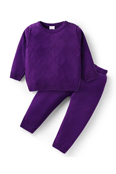 Babyhug Knitted Full Sleeves Sweater Set with Argyle Design - Purple