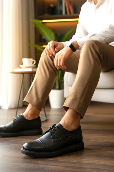 enoch Genuine Leather Black Textured and Patent Leather Detailed Lace-Up Men'...