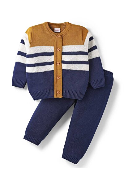 Babyhug Knit Full Sleeves Striped Front Open Sweater Set - Navy Blue