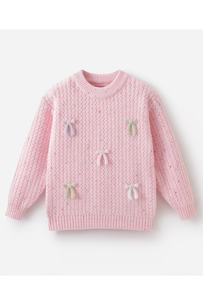 SAPS Full Sleeves Cable Knit Pullover with Bow Embroidery - Pink