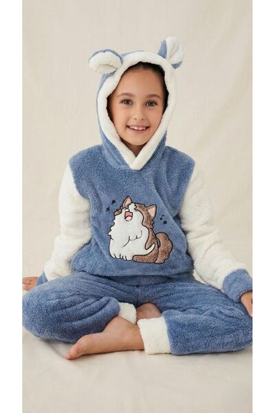 enmodaiçgiyim Blue Girls' Winter Plush Pajama Set 1. Quality Soft Welsoft Fabric