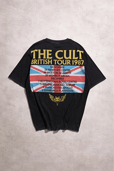 Overdrive The Cult British Tour 1987 Oversize kroj Unisex Acid Wash crna maji...