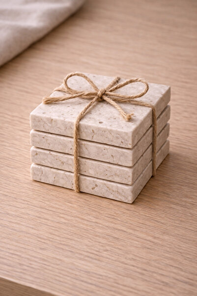 Marbello Kare Doğal Taş Mum Altlığı 8x8 cm | 4’lü Set
