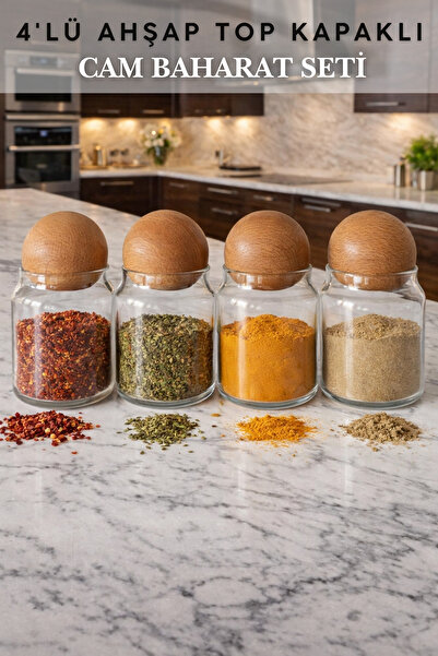 Penthouse 4-Piece Glass Spice Jar Set with Wooden Ball Lids |   Modern Kitche...