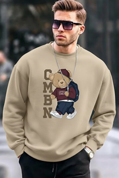 COMBİNE MİCHAİL سويت شيرت كريمي للرجال مطبوع قصة فضفاضة