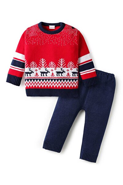 Babyhug Knitted Full Sleeves Pullover Sweater & Pants Set with Reindeer Desig...