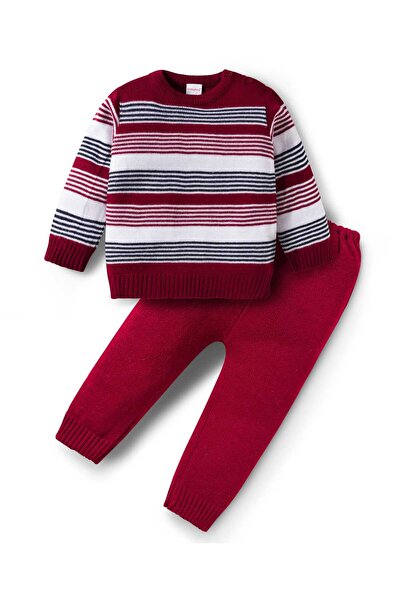 Babyhug Knit Full Sleeves Striped Pullover Sweater Set - Maroon