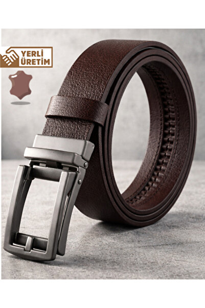 mipek deri Brown Automatic Buckle Non-Perforated Men's Belt 100% Genuine Leather