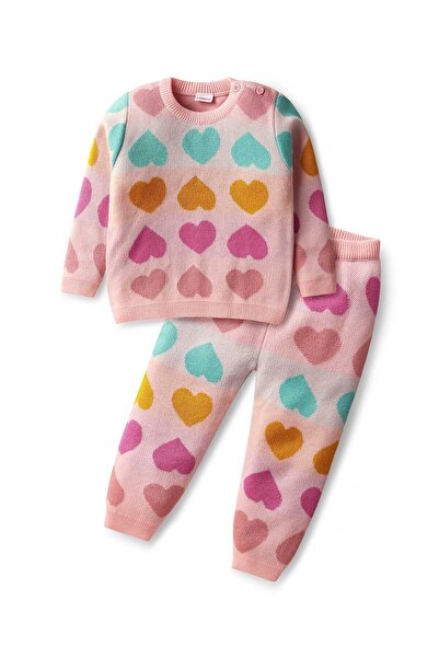 Babyhug Knit Full Sleeves Sweater Set with Heart Design - Pink