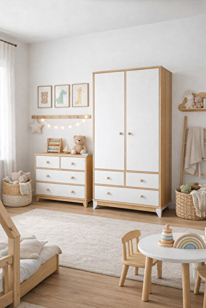 Koza %100 MDF Bonnie Ahşap Beyaz 2 Kapılı Gardırop & Bonnie Ahşap Beyaz 4 Çek...