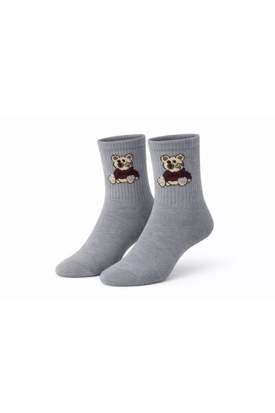 İpeksi Gray Teddy Bear Patterned Seamless Combed Cotton Socks