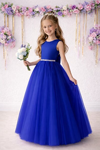 SUNEH Κοριτσίστικο φόρεμα από τούλι με μπλε πέρλες και σατέν φιόγκο/Φόρεμα πρ...