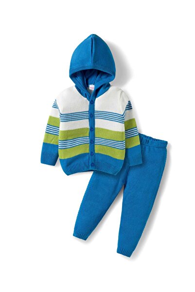 Babyhug Knit Full Sleeves Front Open Hooded Sweater & Pants Set with Stripes ...