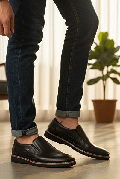 enoch Genuine Leather Black Laceless Men's Casual Shoes with Elastic Sides