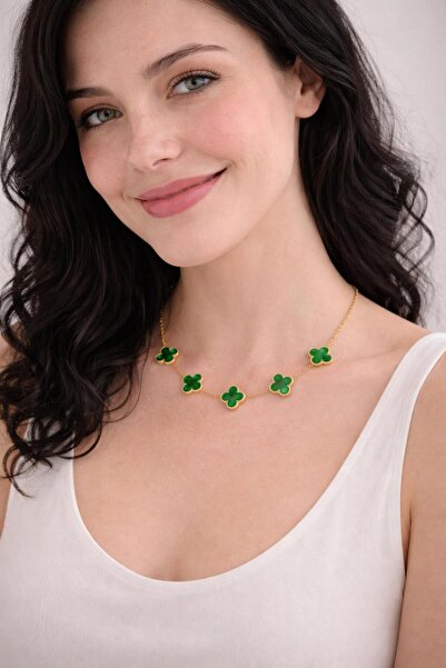 NO NAME yonca motifli yeşil gold kolye