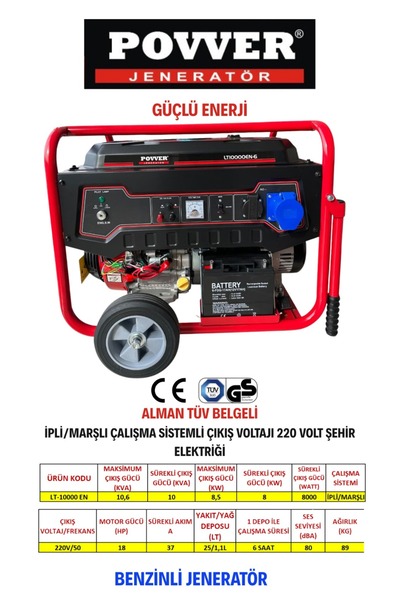 POWER LT10000 En 10,6 Kva İPLİ MARŞLI BENZİNLİ JENERATÖR