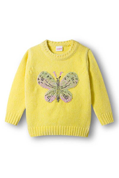 Babyhug Knit Full Sleeves Pullover with Butterfly Sequin Design - Lemon Yellow