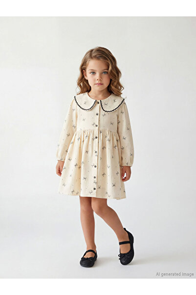 LC Waikiki MG TRENDEN Ecru guler tip Peter Pan Rochie cu volane pentru fete