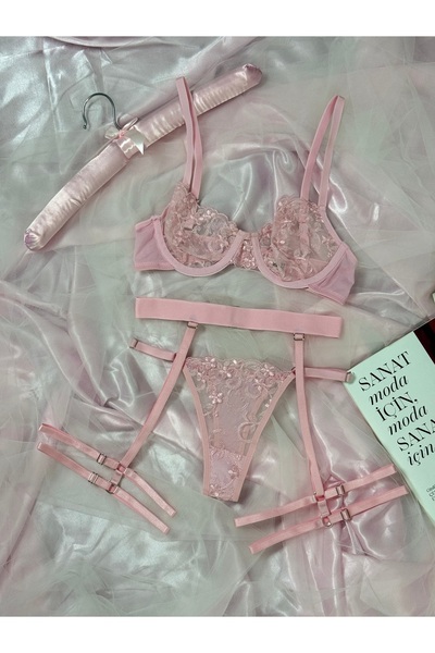 Amelia Paris Lingerie Çiçek Desenli Tek Renk Balenli Kapsız 3 Parça Brode İç ...