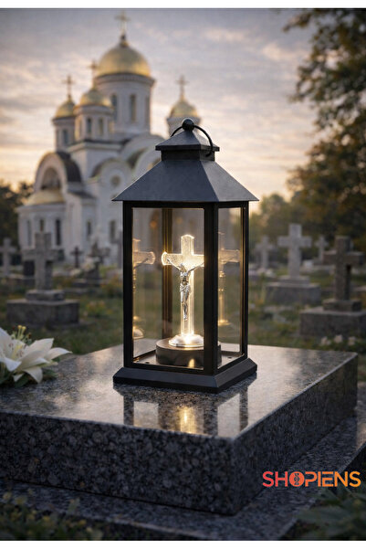 SHOPIENS Felinar solar pentru mormant cu cruce iluminata LED, lampa cimitir 1...