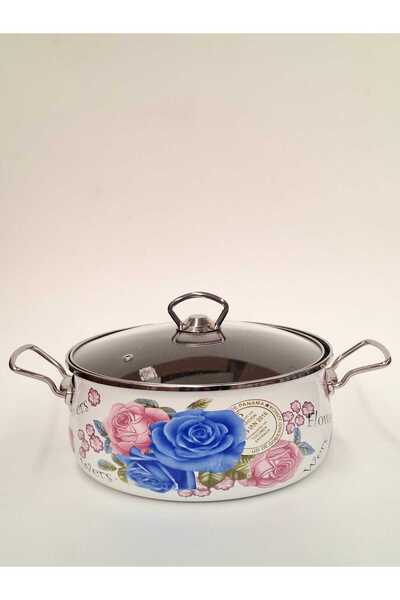 GİZEM Enamel Non-Stick Pot 22 cm Blue Rose // Can Be Used on Induction Cooktops